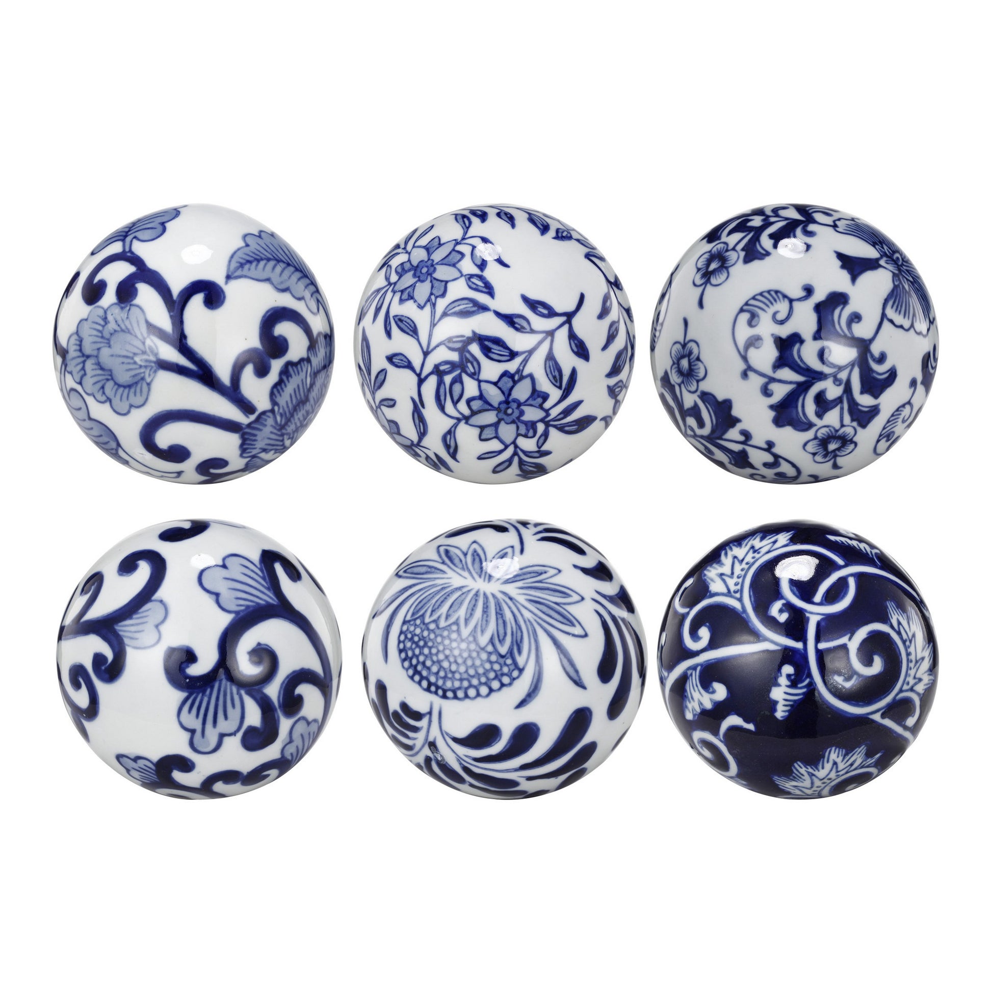 4 Inch Decorative Ball Set of 6 Orbs, Blue And White Printed Porcelain — Chic Home-Decor