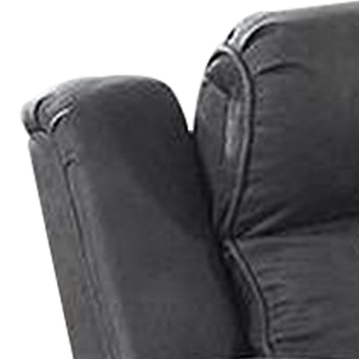 Accent chair arm in gray faux leather with stitched seam.
