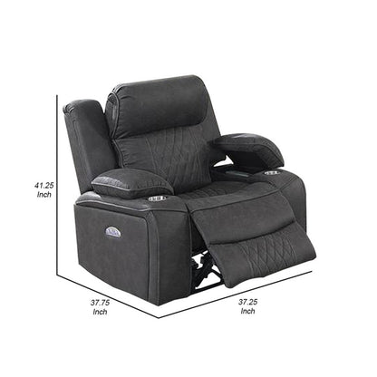 Xiu 38 Inch Power Recliner Chair, USB Port, Storage, Gray Faux Leather