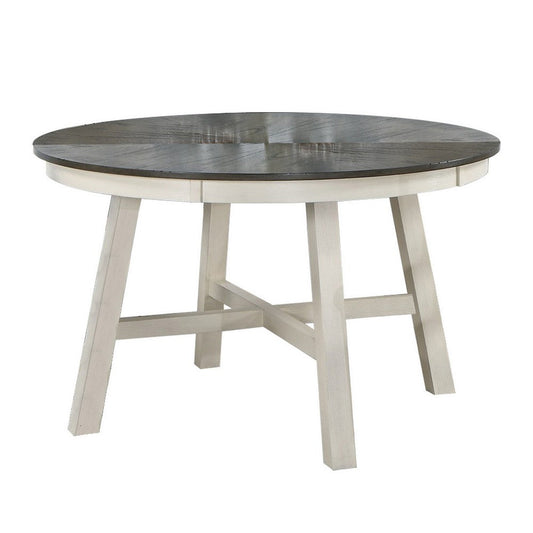 48 Inch Round Dining Table, 2 Tone Dark Veneer Top, Crisp White Base