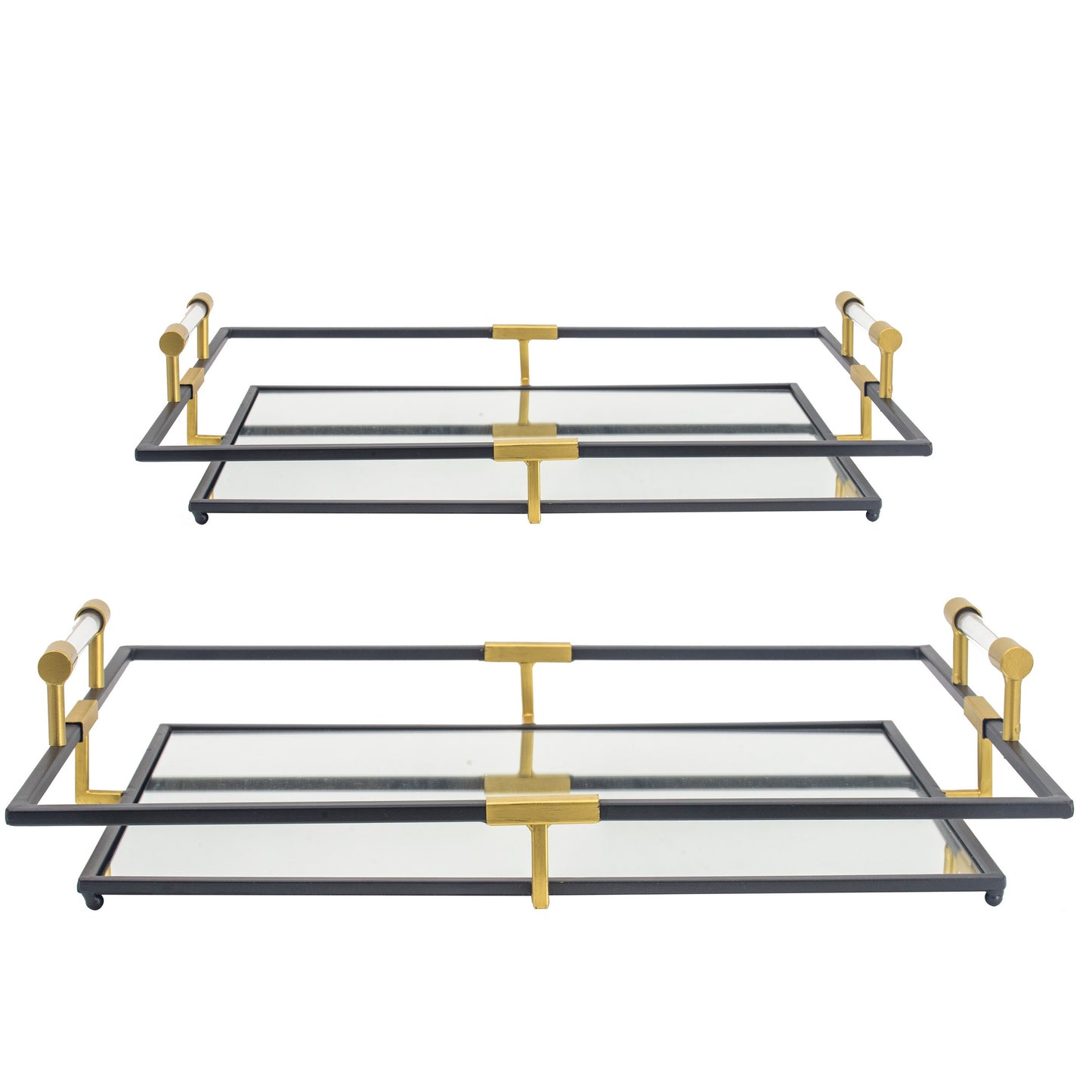 21, 27 Inch Set of 2 Decorative Trays with Mirror, Modern Frame, Gold, Black — Chic Home-Decor