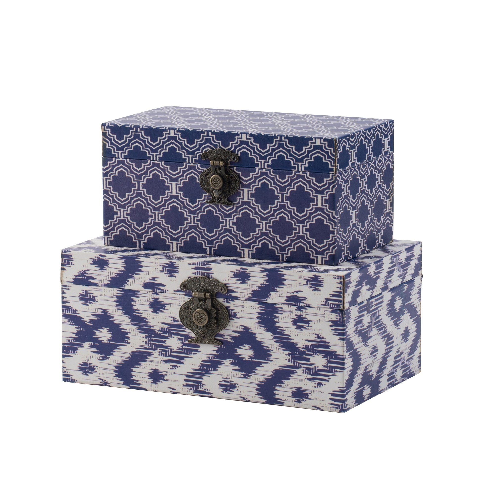 12, 10 Inch Wood Boxes, Classic Blue and White Quatrefoil Design, Set of 2 — Chic Home-Decor