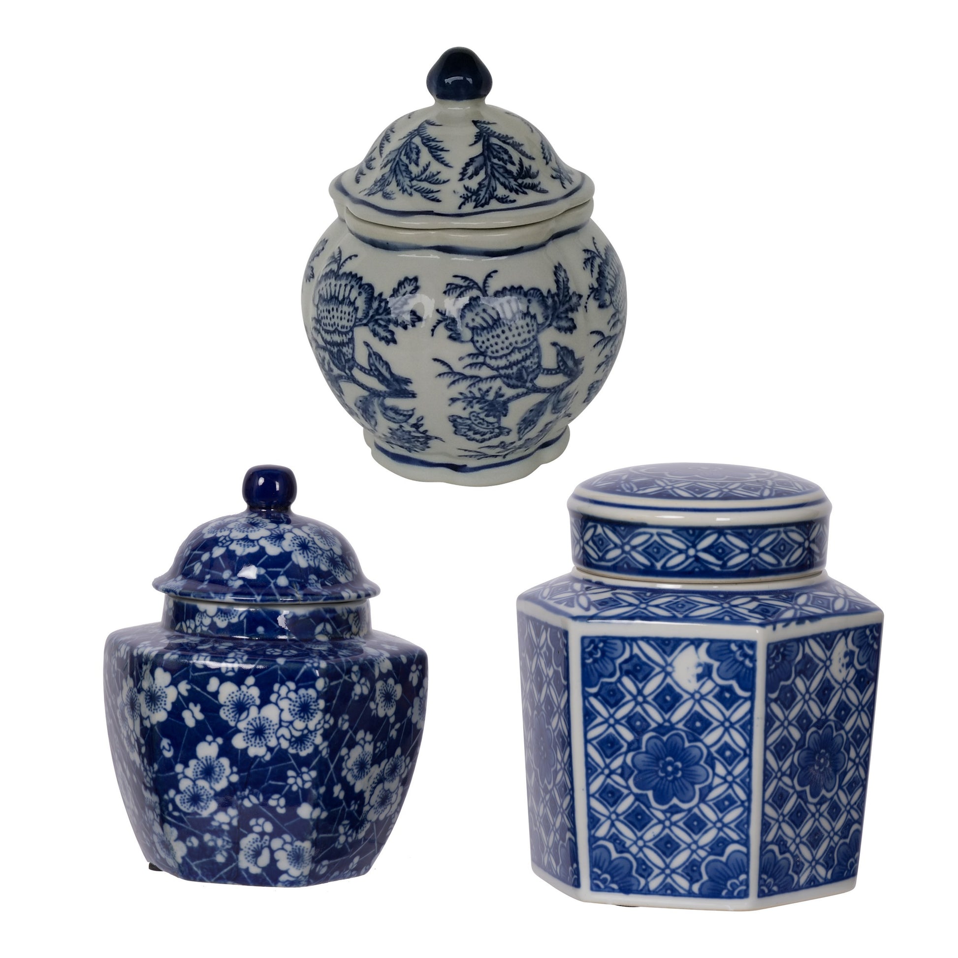 6, 6, 7 Inch Lidded Jars, Persian Inspired Blue Flowers, Curved, Set of 3 — Chic Home-Decor