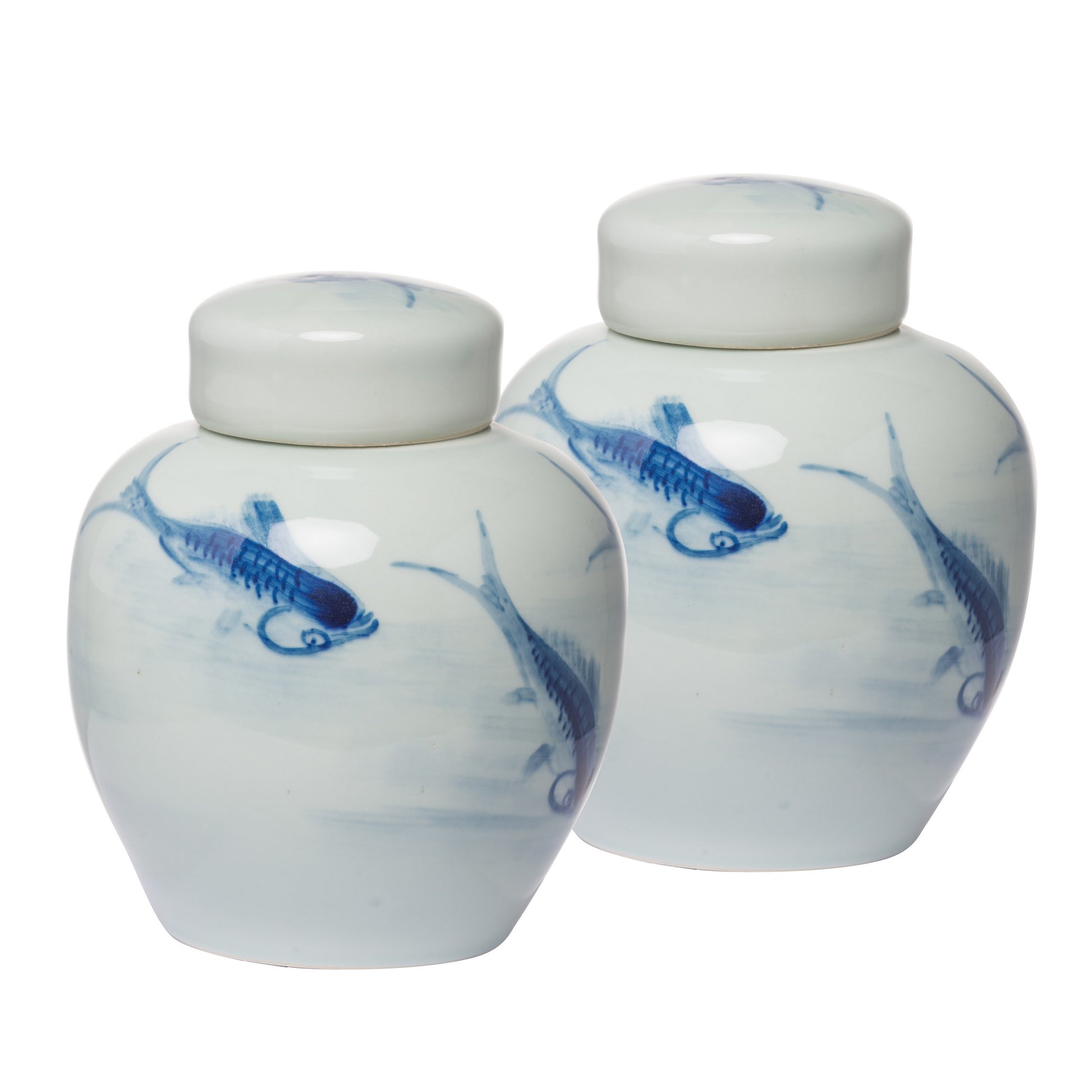 8 Inch Lidded Ginger Jar, Painted Koi Fish, White Blue Porcelain, Set of 2 — Chic Home-Decor