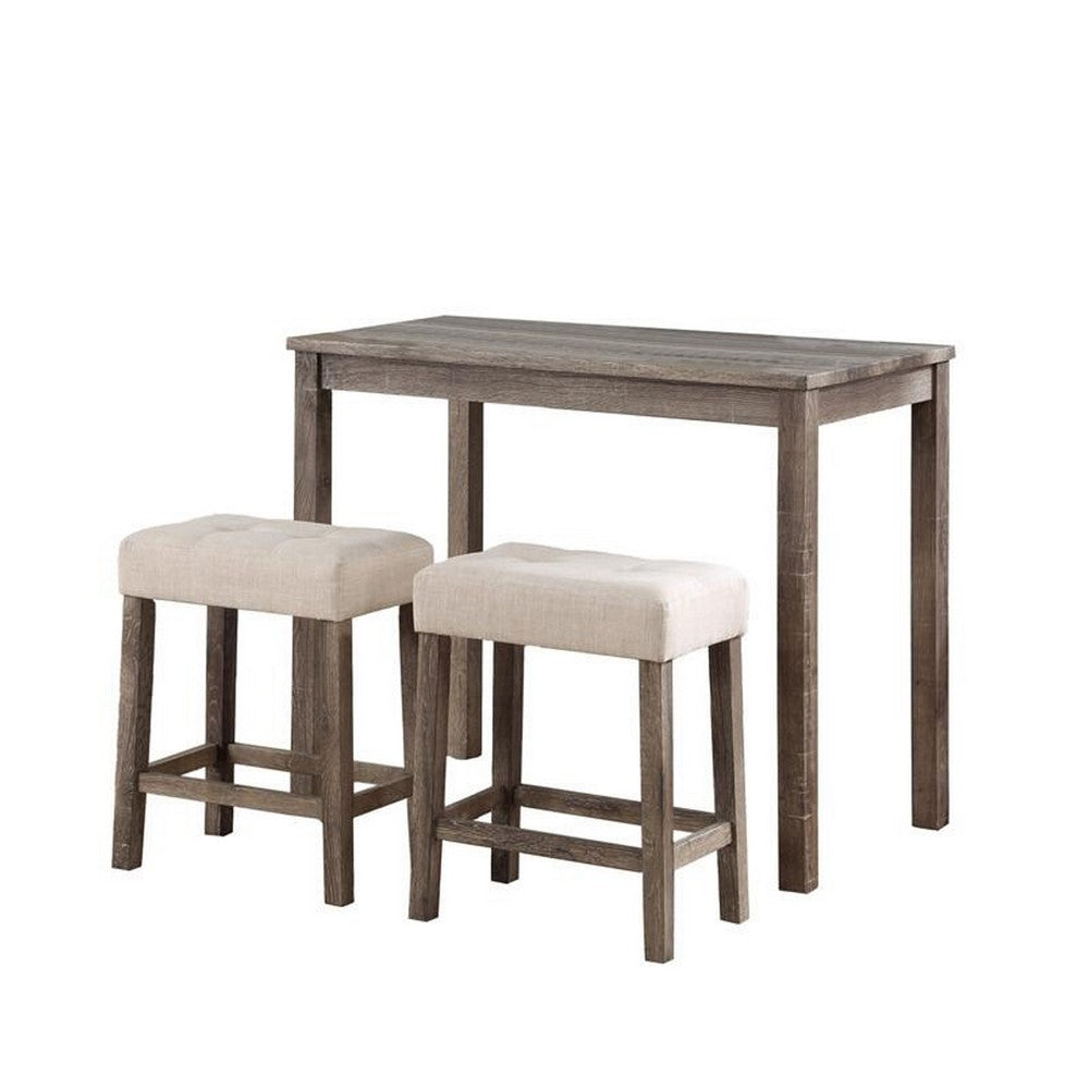 Cora 3 Piece Counter Height Table Set, Deep Tufted Stools, Brown, Beige