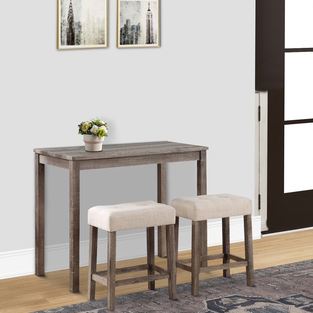 Cora 3 Piece Counter Height Table Set, Deep Tufted Stools, Brown, Beige