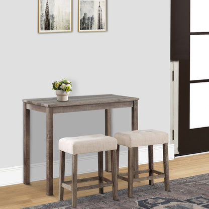Cora 3 Piece Counter Height Table Set, Deep Tufted Stools, Brown, Beige
