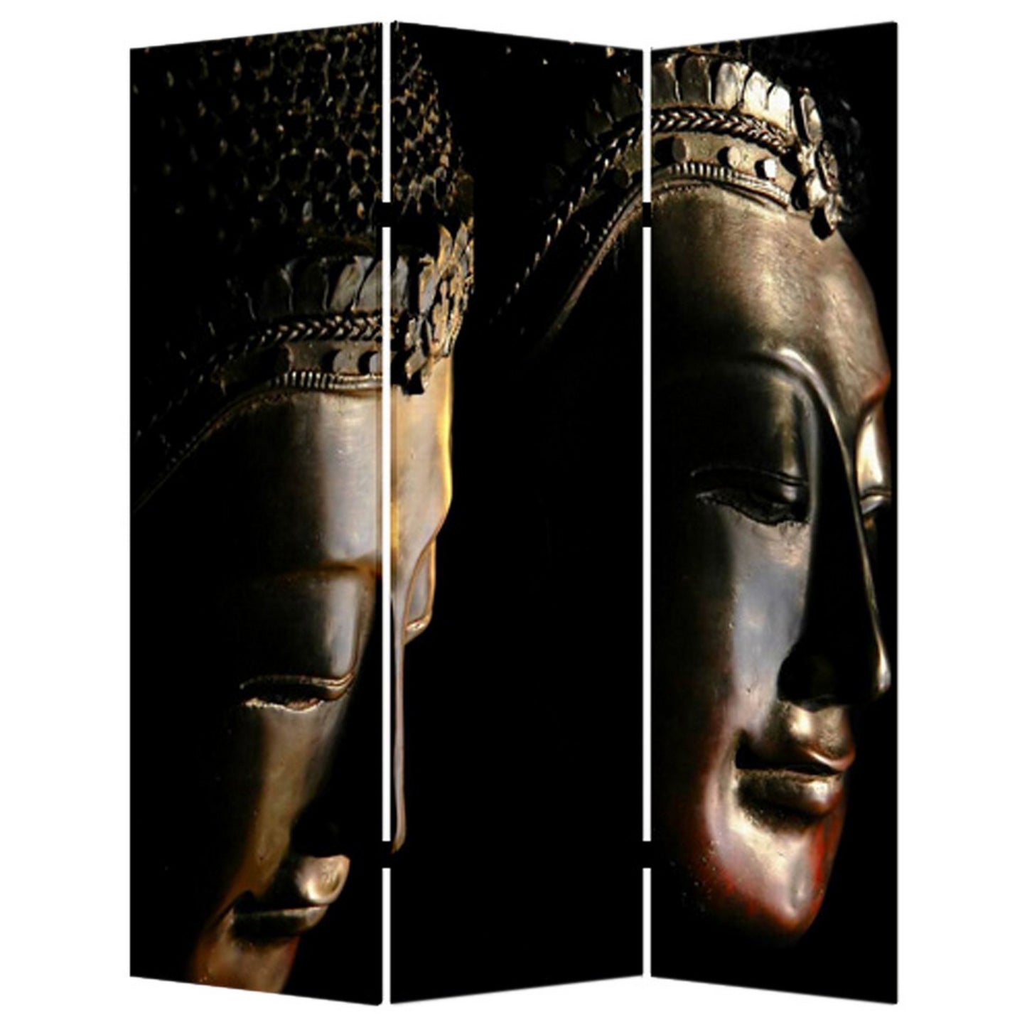 Brar 71 Inch 3 Panel Canvas Screen, Dual Sided Buddha Print, Black, Brown — Chic Home-Decor