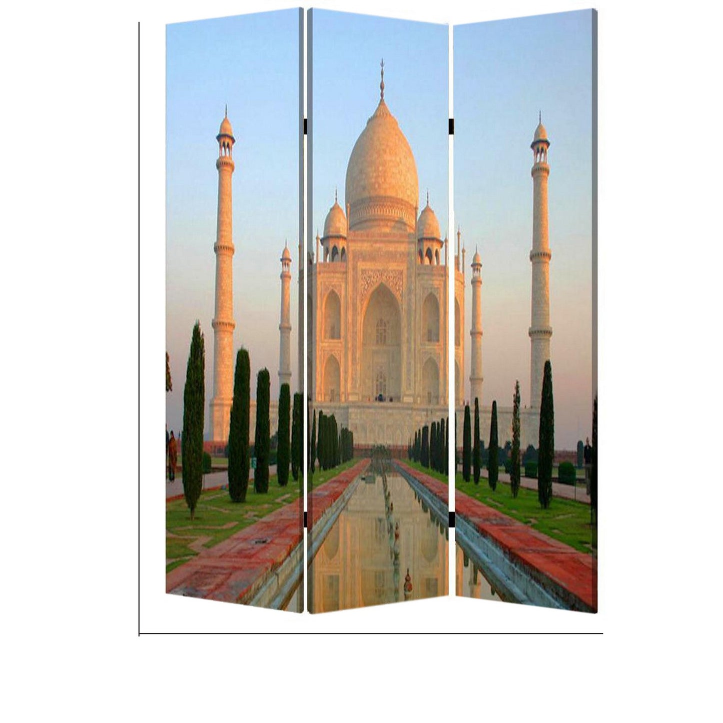 Brar 71 Inch 3 Panel Screen, Taj Mahal Reflecting Pool Print, Multicolor — Chic Home-Decor