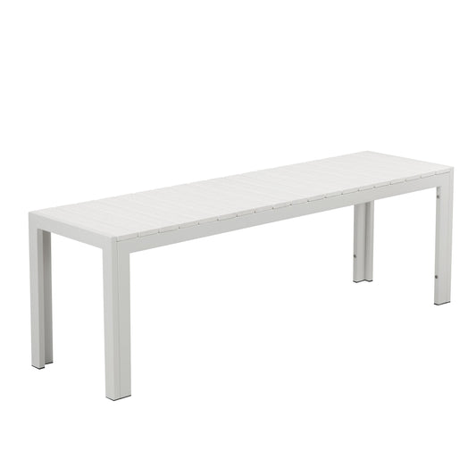 Theo 53 Inch Outdoor Bench, White Aluminum Frame, Plank Style Seat Surface — Chic Home-Decor