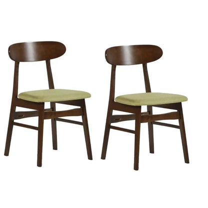 Bev 20 Inch Set of 2 Dining Chairs, Green Cushions, Dark Brown Rubberwood