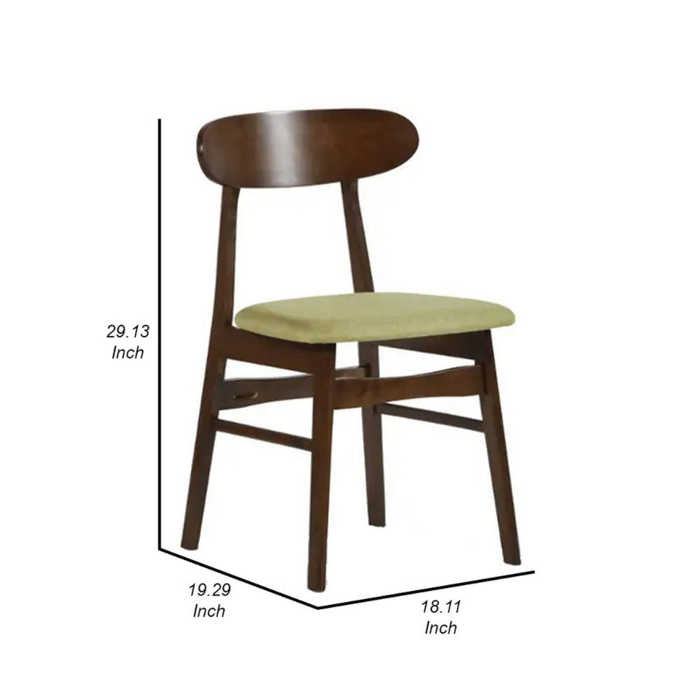 Bev 20 Inch Set of 2 Dining Chairs, Green Cushions, Dark Brown Rubberwood