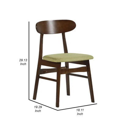 Bev 20 Inch Set of 2 Dining Chairs, Green Cushions, Dark Brown Rubberwood