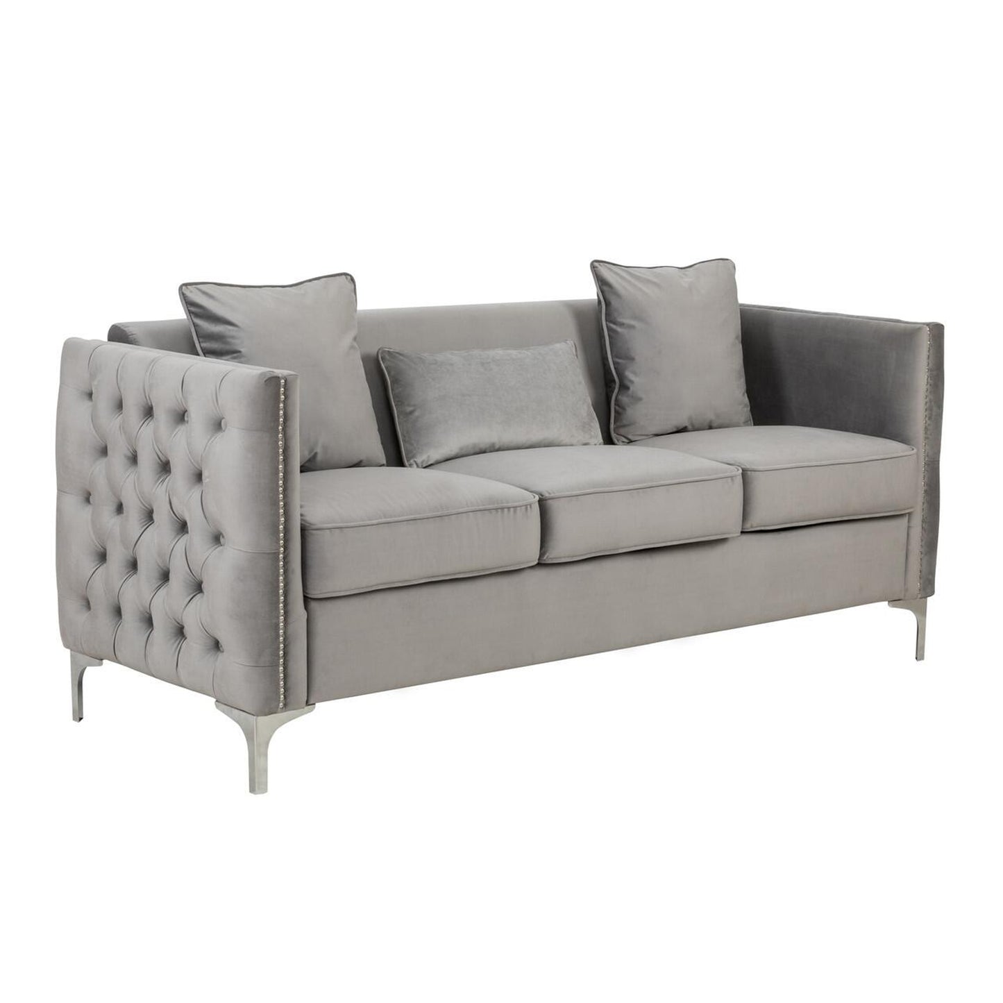 Joel 73 Inch Modern Sofa with 3 Pillows, Tufted Gray Velvet, Silver Legs — Chic Home-Decor