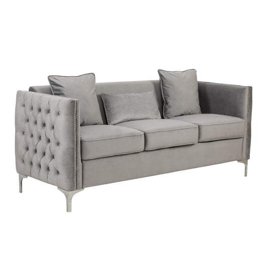 Joel 73 Inch Modern Sofa with 3 Pillows, Tufted Gray Velvet, Silver Legs — Chic Home-Decor