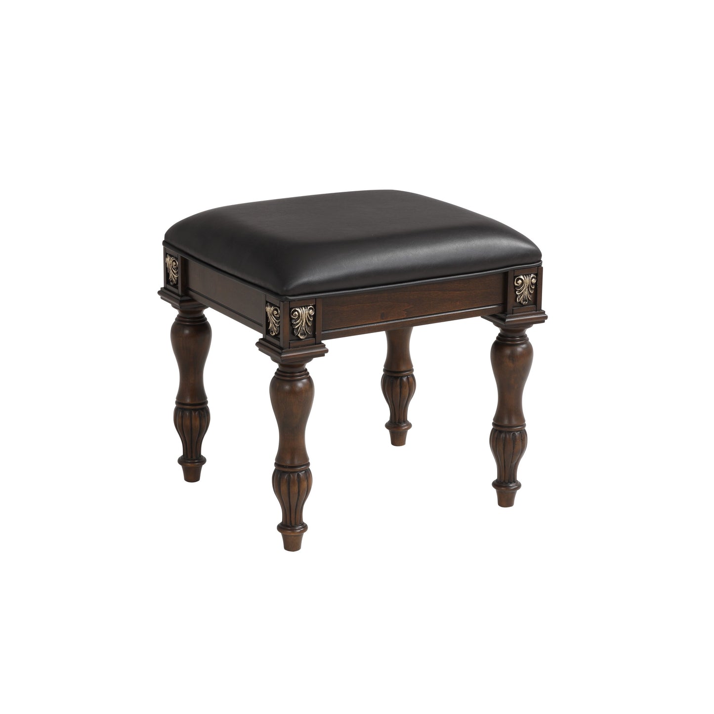 Mady 19 Inch Upholstered Vanity Stool, Ornate Trim, Deep Espresso Brown — Chic Home-Decor