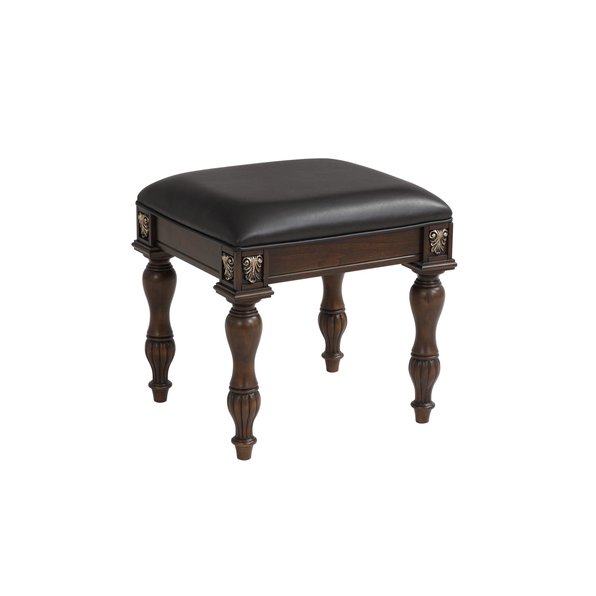 Mady 19 Inch Upholstered Vanity Stool, Ornate Trim, Deep Espresso Brown — Chic Home-Decor