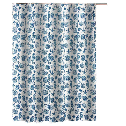 Riga 72 Inch Shower Curtain, Blue Seashells Print, Button Holes