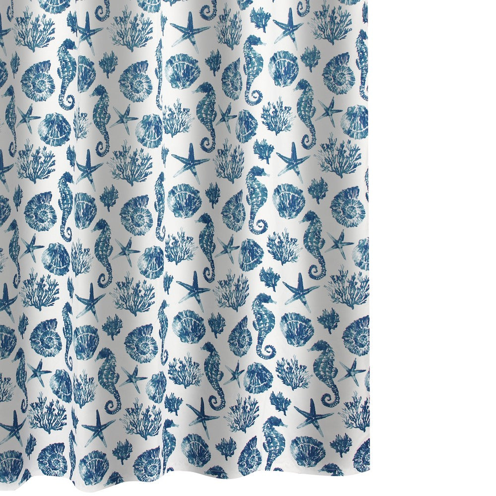 Riga 72 Inch Shower Curtain, Blue Seashells Print, Button Holes