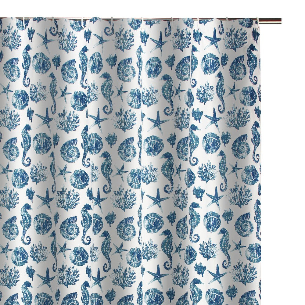 Riga 72 Inch Shower Curtain, Blue Seashells Print, Button Holes