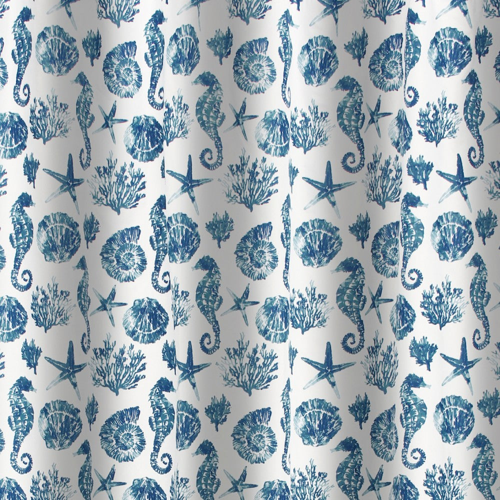 Riga 72 Inch Shower Curtain, Blue Seashells Print, Button Holes