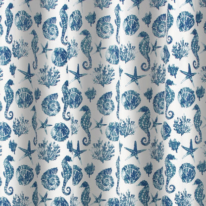 Riga 72 Inch Shower Curtain, Blue Seashells Print, Button Holes