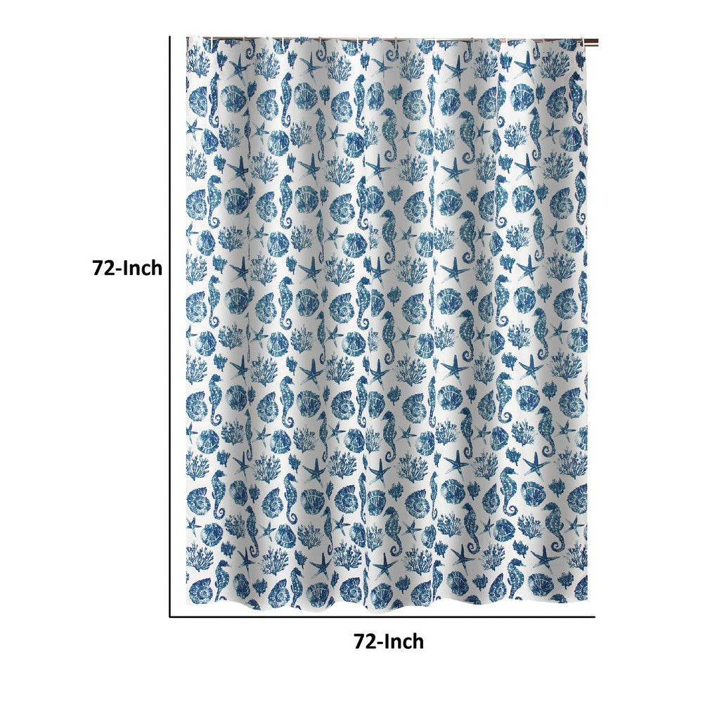 Riga 72 Inch Shower Curtain, Blue Seashells Print, Button Holes