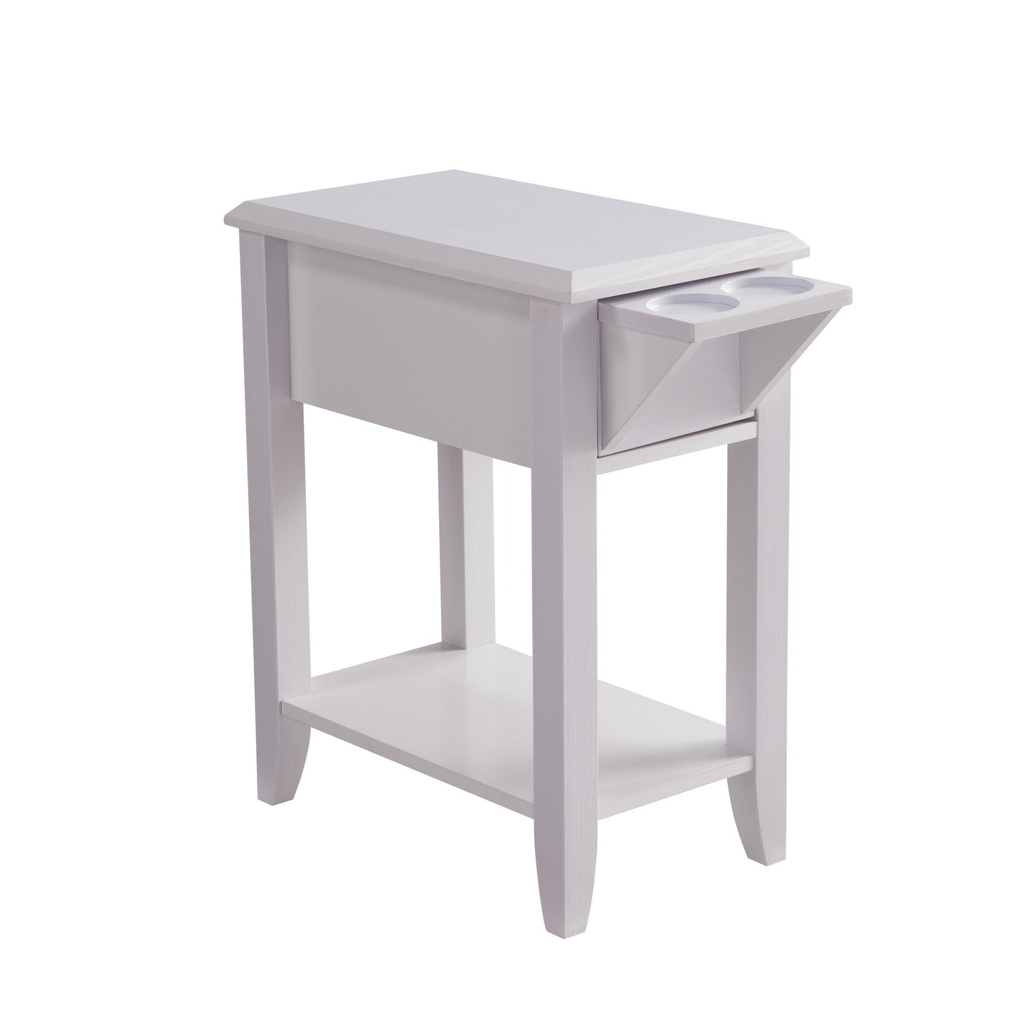 24 Inch Modern Chairside Table with Extendable Drawer and Cupholders, White — Chic Home-Decor