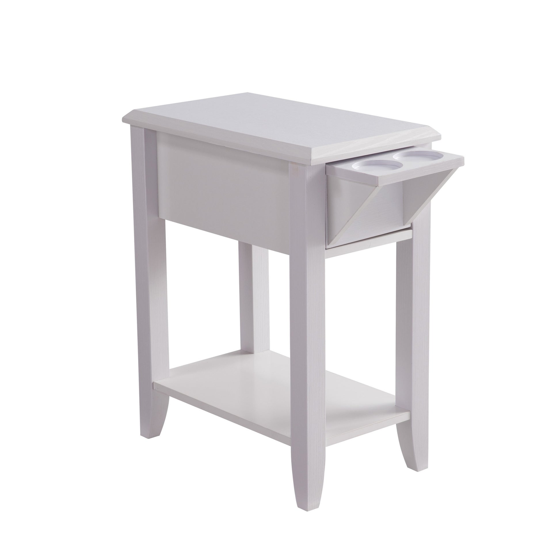 24 Inch Modern Chairside Table with Extendable Drawer and Cupholders, White — Chic Home-Decor
