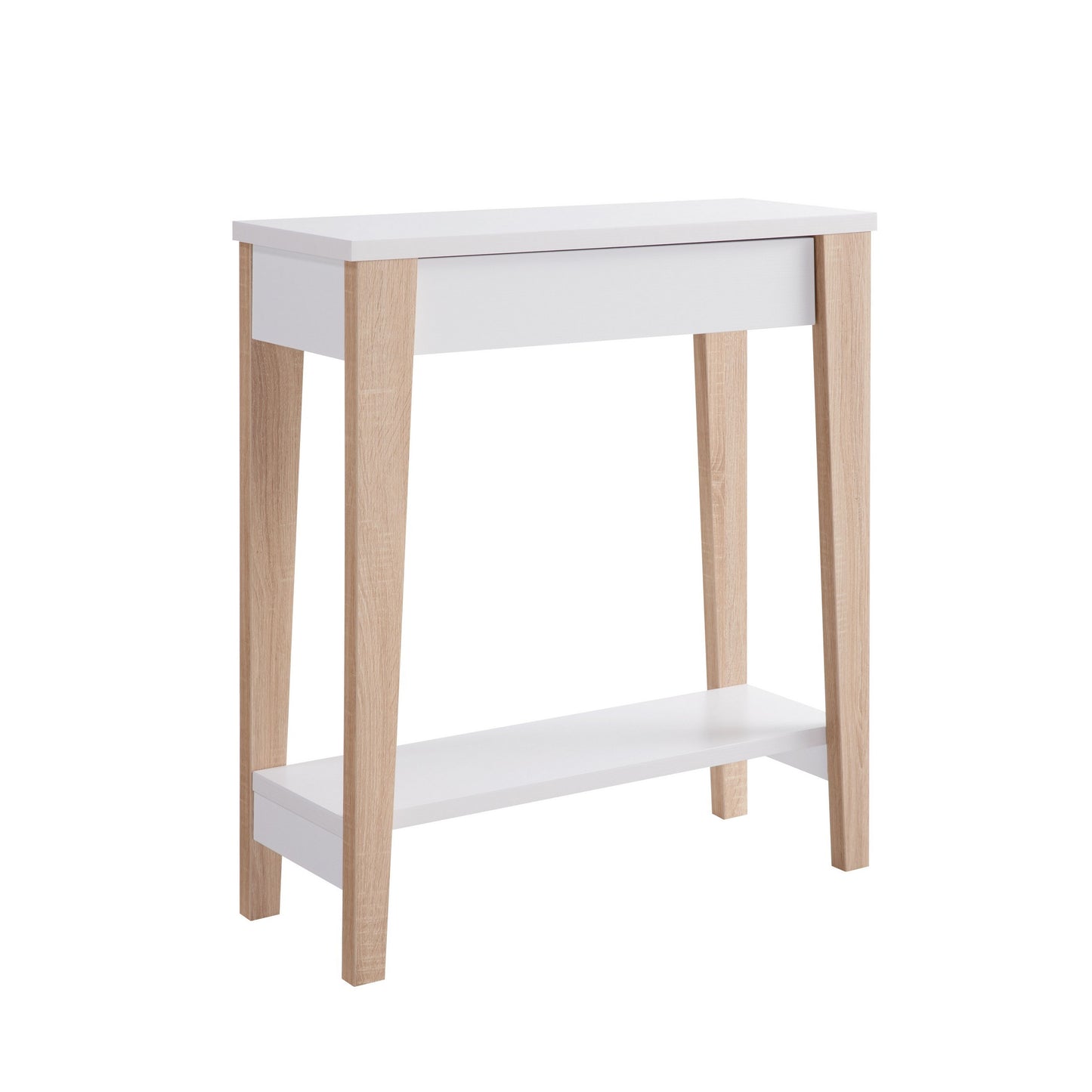 34 Inch Console Table with Drawer and Shelf, Tapered Legs, White, Brown — Chic Home-Decor