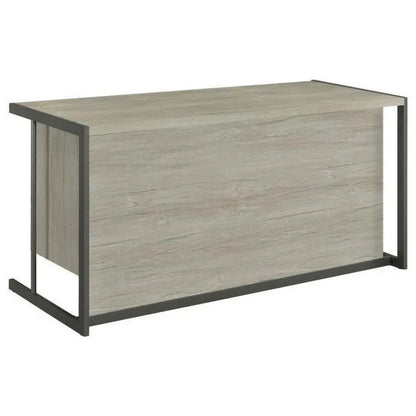 60-inch four-drawer rectangular office desk with whitewashed gray wood finish and metal sled base by Benjara