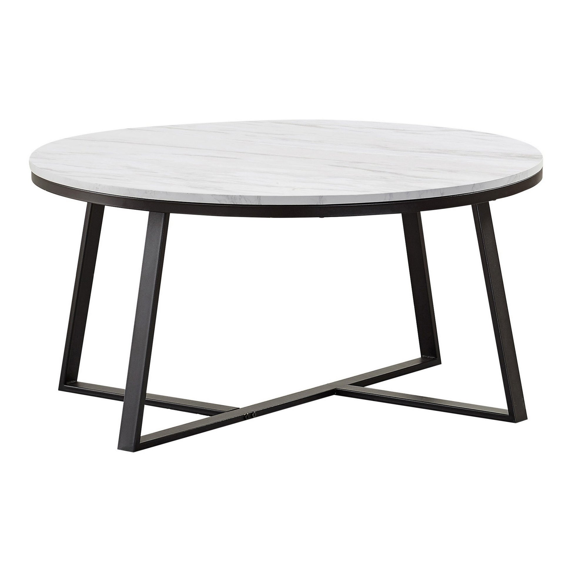 36 Inch Coffee Table, Faux Marble Tabletop, Sturdy Metal Base, White, Black — Chic Home-Decor