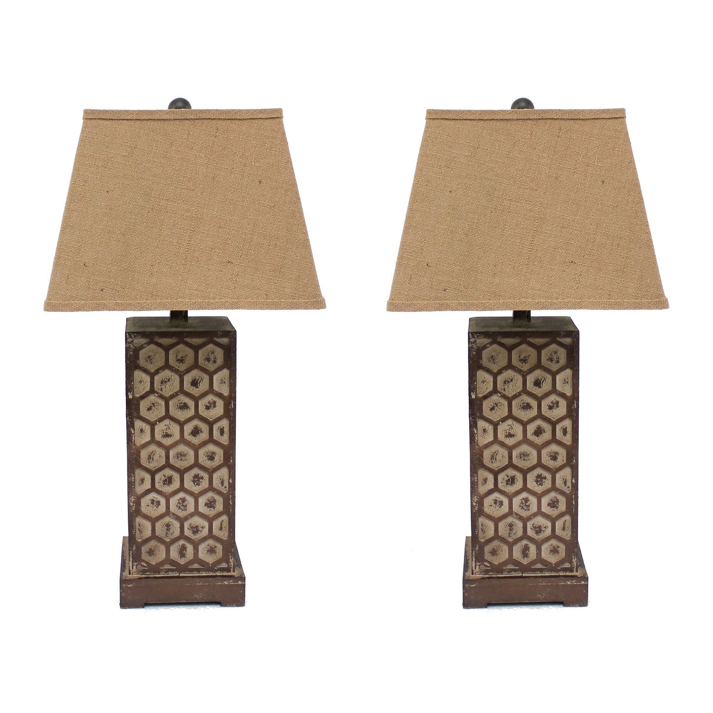 29 Inch Industrial Table Lamp, Linen Shade, Honeycombed Metal Base, Set of 2, Khaki — Chic Home-Decor