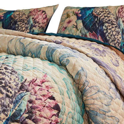 Ufa 36 Inch Quilted King Pillow Sham, Peacock Print, Vermicelli Stitching