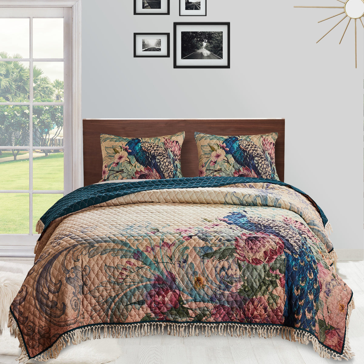Ufa 36 Inch Quilted King Pillow Sham, Peacock Print, Vermicelli Stitching