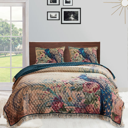 Ufa 36 Inch Quilted King Pillow Sham, Peacock Print, Vermicelli Stitching