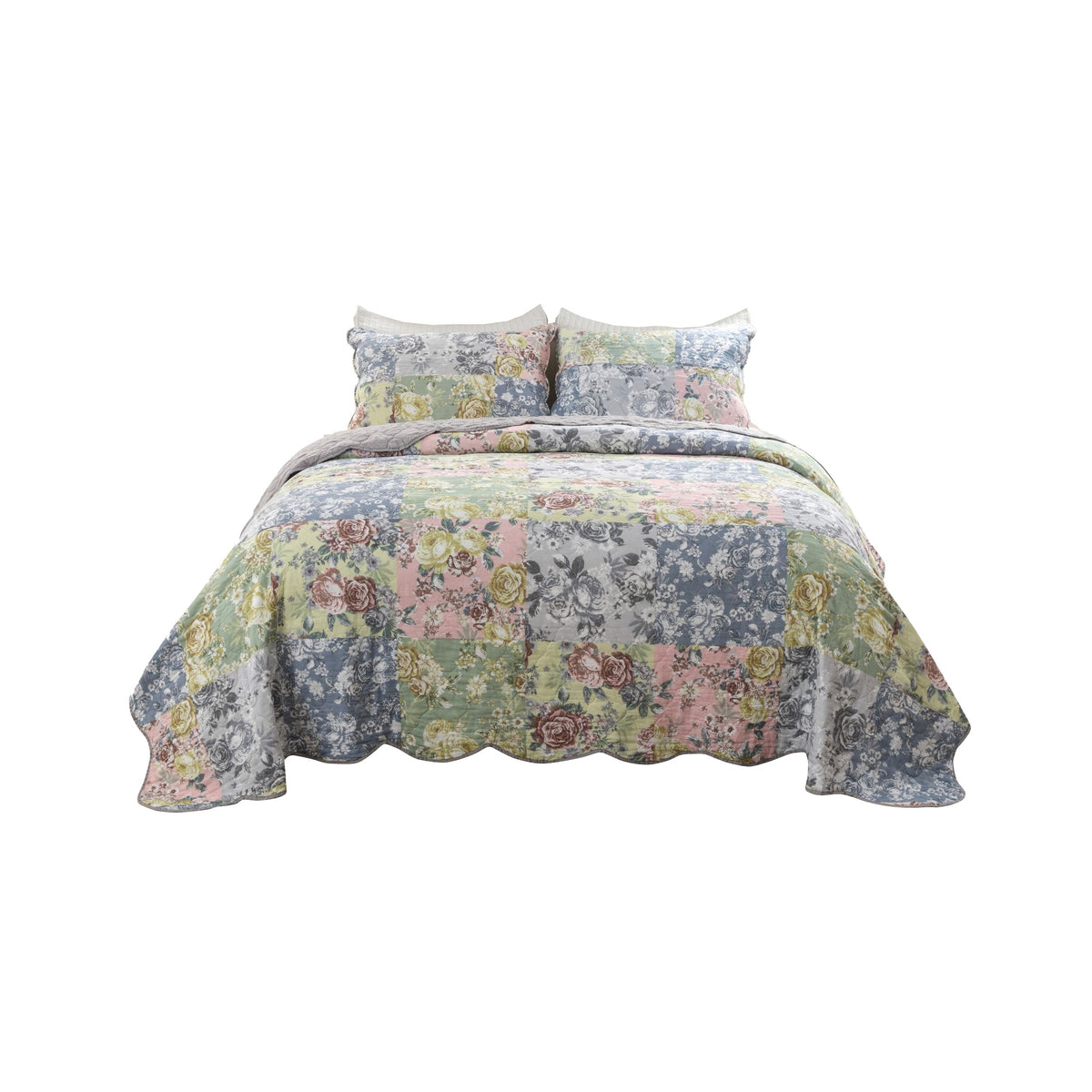 Quilts Eni 3-Piece Queen Cotton Quilt Set; pastel floral patchwork with scalloped edges.