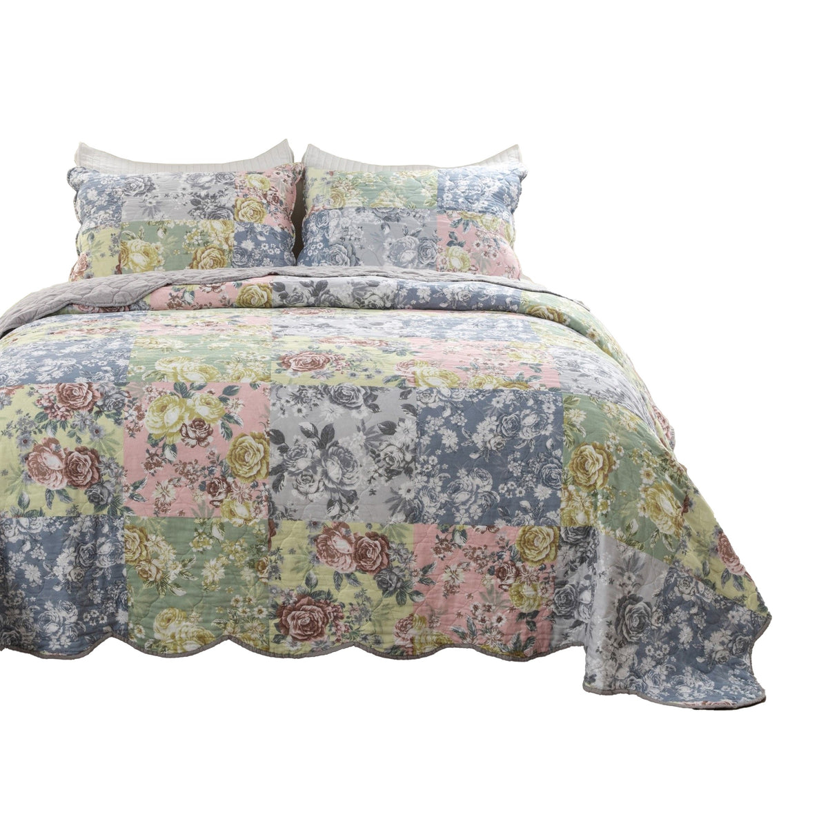 Eni 3 Piece Queen Cotton Quilt Set, Vibrant Pastel Blue Flowers, Scalloped