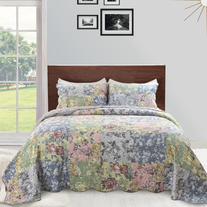 Eni 3 Piece Queen Cotton Quilt Set, Vibrant Pastel Blue Flowers, Scalloped