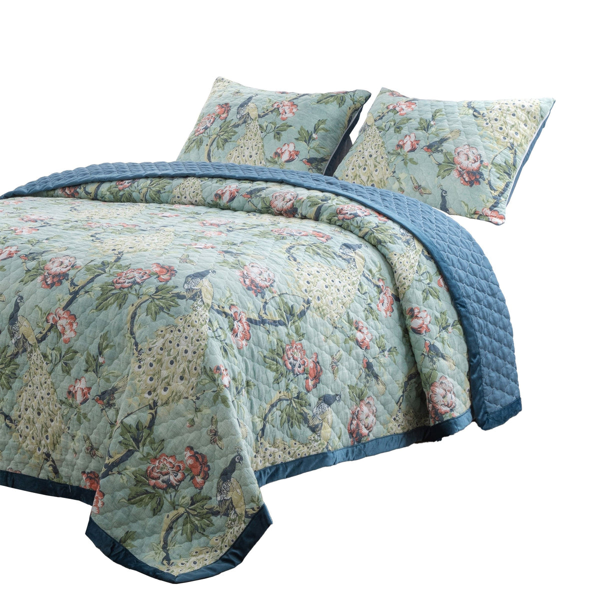 Eden 2 Piece Twin XL Quilt Set, Peacock and Songbirds, Green Microfiber
