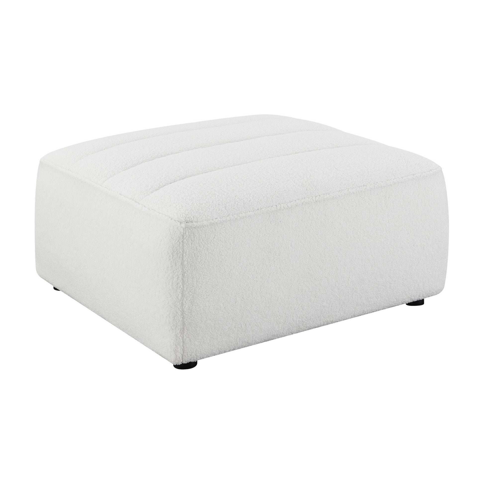 Kea 35 Inch Ottoman, Horizontal Channel Tufted, Gray Faux Sheepskin Fabric — Chic Home-Decor