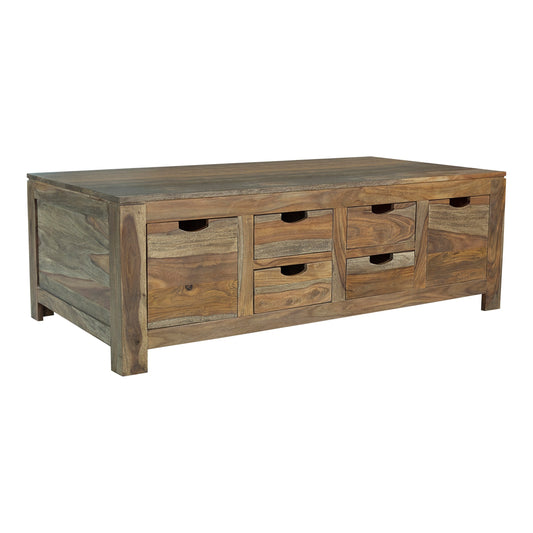 Dale 53 Inch Rustic Storage Coffee Table, 6 Gliding Pull Out Drawers, Brown — Chic Home-Decor