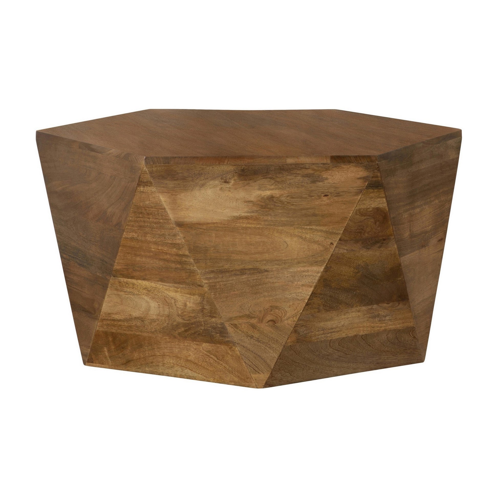 35 Inch Wood Drum Coffee Table, Artisan Hexagonal Rich Natural Brown Finish — Chic Home-Decor