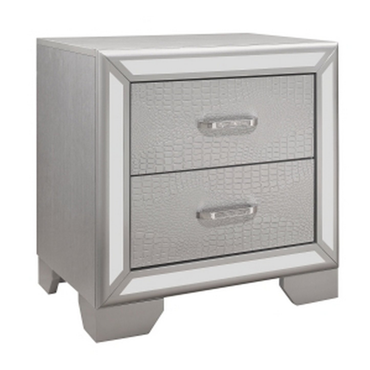 Aisha 24 Inch 2 Drawer Nightstand, Embossed Front, Mirror Trim, Silver Wood — Chic Home-Decor