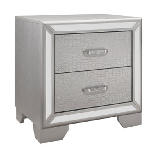 Aisha 24 Inch 2 Drawer Nightstand, Embossed Front, Mirror Trim, Silver Wood — Chic Home-Decor