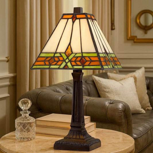 Eli 14 Inch Accent Lamp, Stained Square Tiffany Style Shade, Bronze Frame