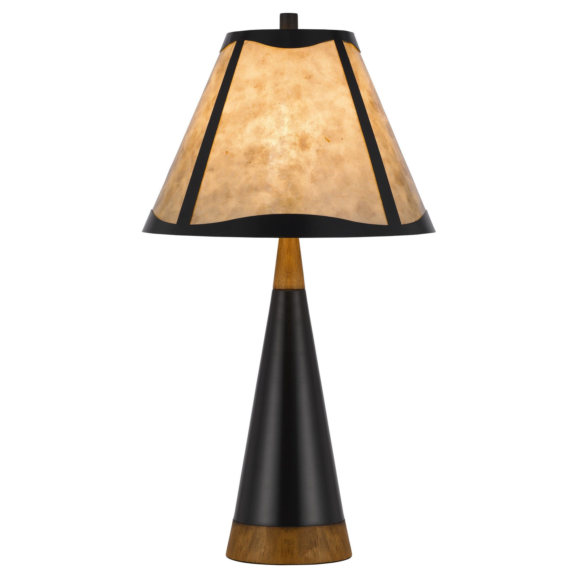 30 Inch 3 Way Table Lamp, Beige Mica Shade, Rubberwood and Black Metal Body — Chic Home-Decor