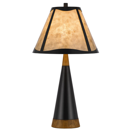 30 Inch 3 Way Table Lamp, Beige Mica Shade, Rubberwood and Black Metal Body — Chic Home-Decor