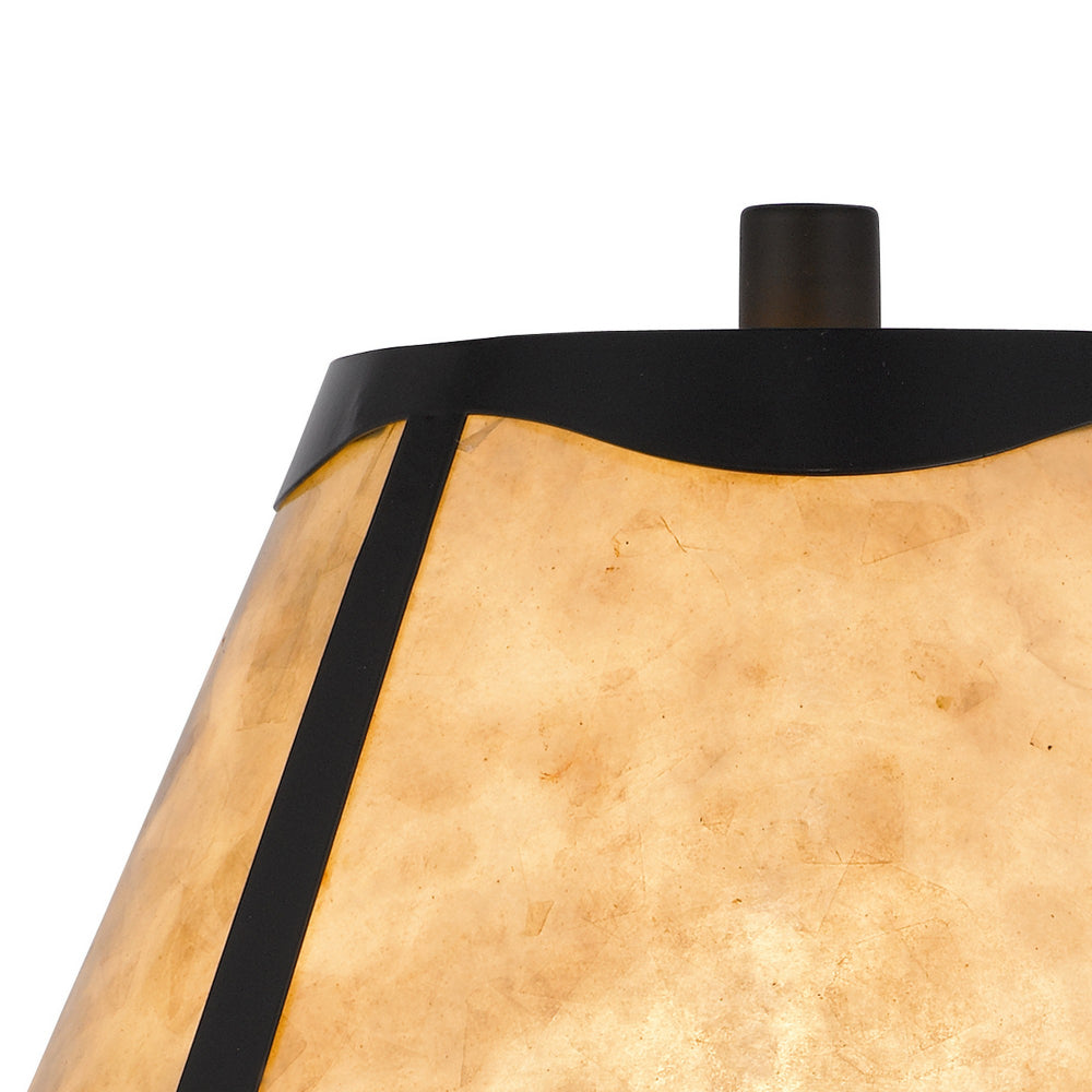 30 Inch 3 Way Table Lamp, Beige Mica Shade, Rubberwood and Black Metal Body