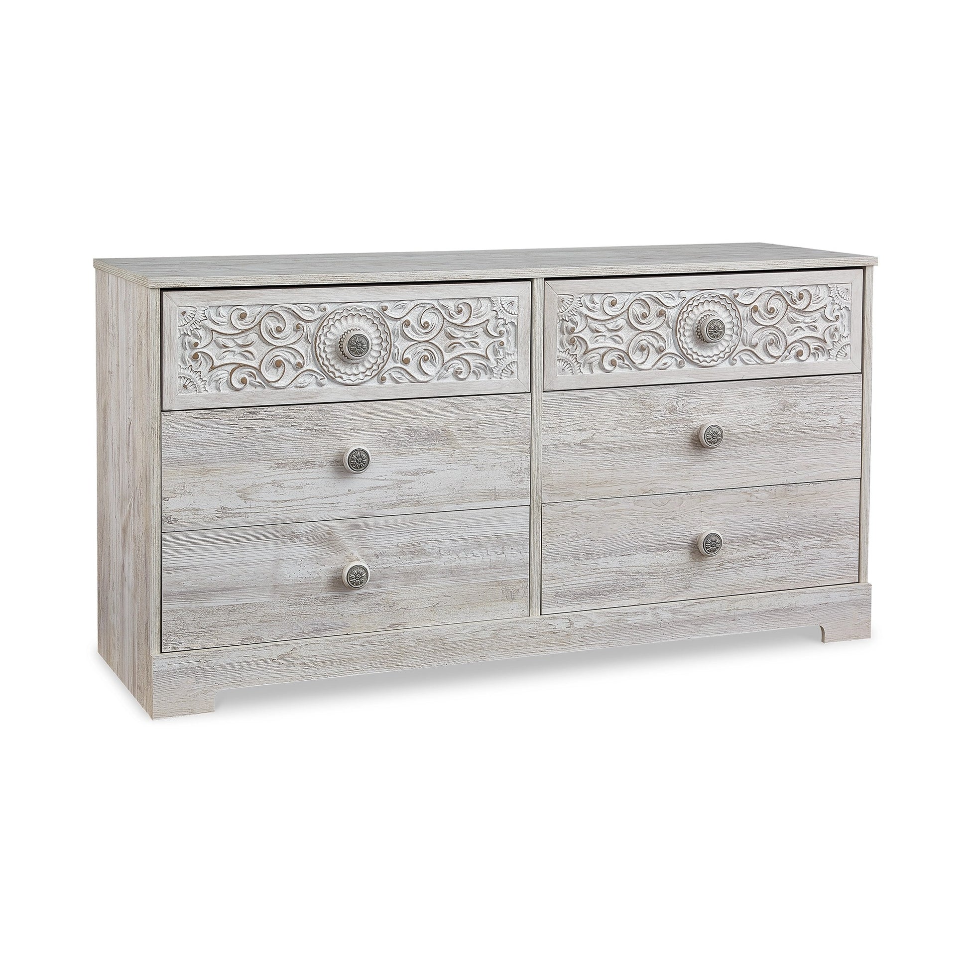 59 Inch Dresser, 6 Drawers, Medallion Design Front, Whitewashed MDF Frame — Chic Home-Decor